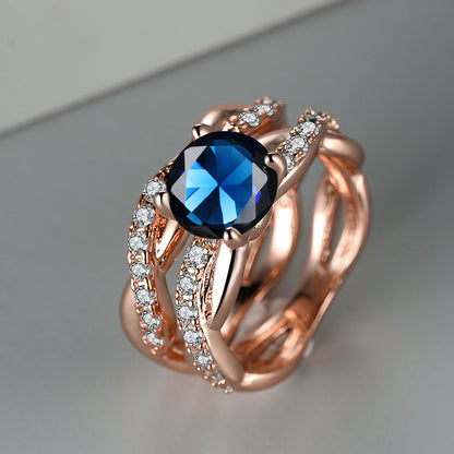 Rose Golden Ring Inlaid Ocean Blue zirconia 18k Gold Plated Cross Ring Table Evening Party Decor Engagement Wedding Ring