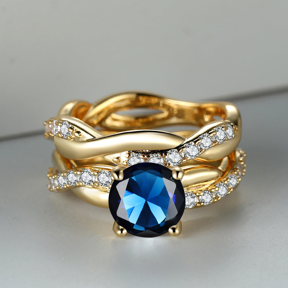 Rose Golden Ring Inlaid Ocean Blue zirconia 18k Gold Plated Cross Ring Table Evening Party Decor Engagement Wedding Ring