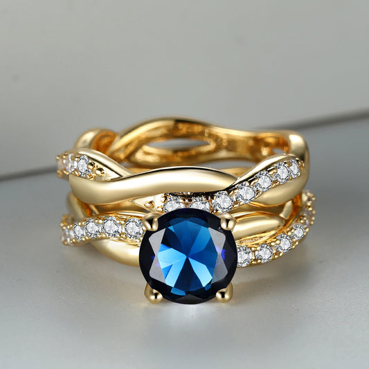 Rose Golden Ring Inlaid Ocean Blue zirconia 18k Gold Plated Cross Ring Table Evening Party Decor Engagement Wedding Ring