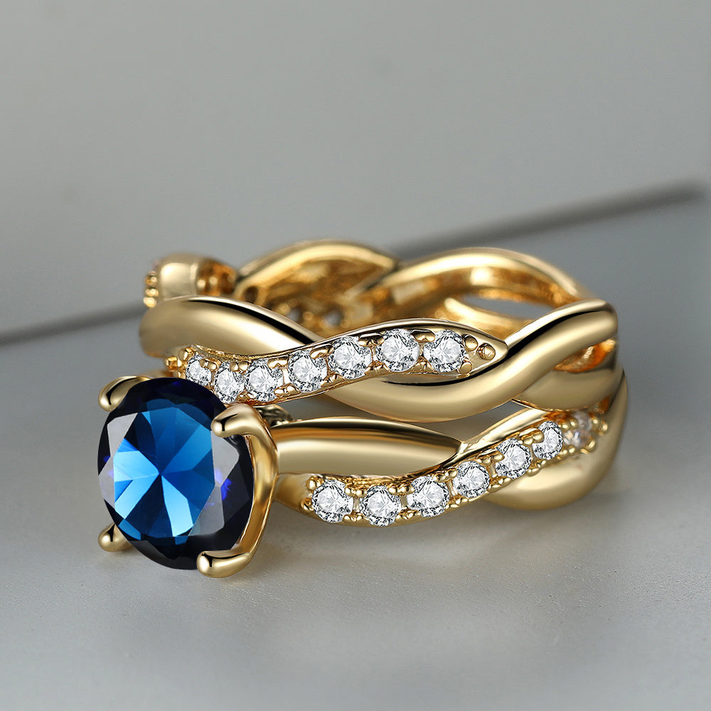 Rose Golden Ring Inlaid Ocean Blue zirconia 18k Gold Plated Cross Ring Table Evening Party Decor Engagement Wedding Ring