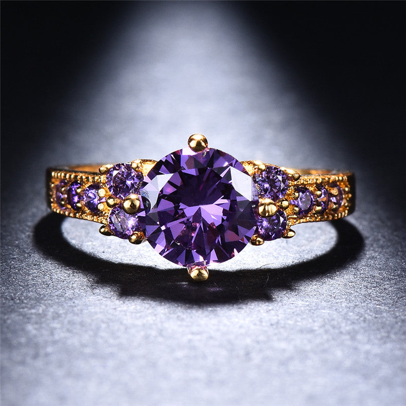 Boho Purple Pink zirconia Ring Round Cut 18k Gold Plated Wedding Engagement Evening Party Ring