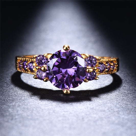 Boho Purple Pink zirconia Ring Round Cut 18k Gold Plated Wedding Engagement Evening Party Ring