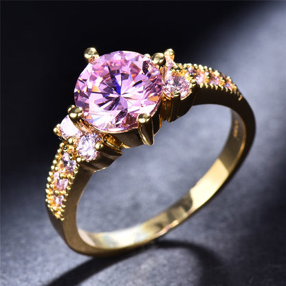 Boho Purple Pink zirconia Ring Round Cut 18k Gold Plated Wedding Engagement Evening Party Ring