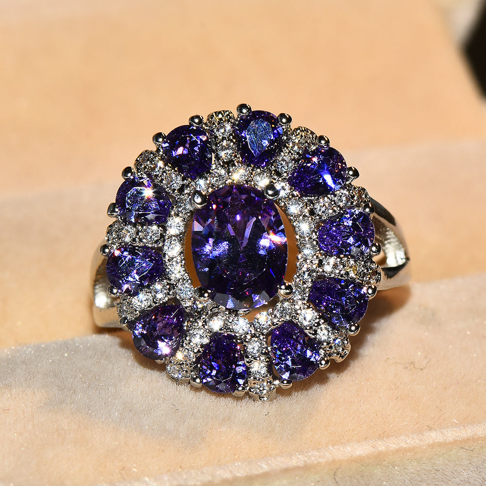 Silver oval-cut purple gemstone teardrop-shaped wedding ring, perfect for engagement or Valentine's Day gifts