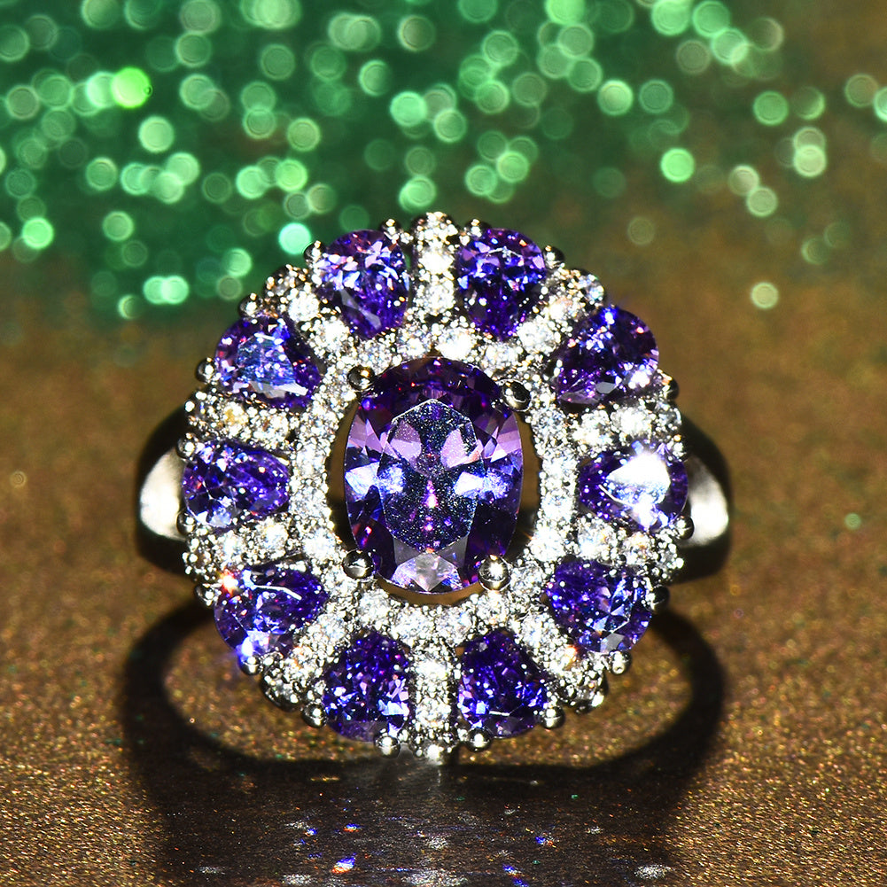 Silver oval-cut purple gemstone teardrop-shaped wedding ring, perfect for engagement or Valentine's Day gifts