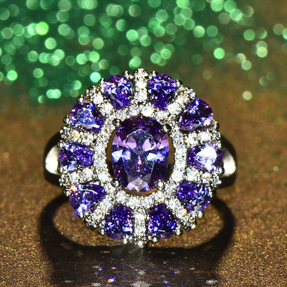 Silver oval-cut purple gemstone teardrop-shaped wedding ring, perfect for engagement or Valentine's Day gifts