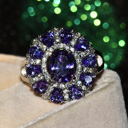 Silver oval-cut purple gemstone teardrop-shaped wedding ring, perfect for engagement or Valentine's Day gifts