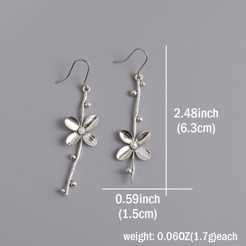 Silver Flower Branch Design with Freshwater Pearl Decoration Pendant Earrings Bohemian Elegant Style Alloy Silver Plated Jewelry Women's Gift