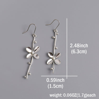 Silver Flower Branch Design with Freshwater Pearl Decoration Pendant Earrings Bohemian Elegant Style Alloy Silver Plated Jewelry Women's Gift