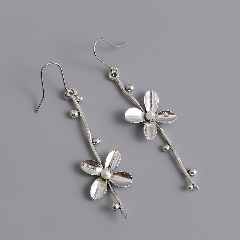 Silver Flower Branch Design with Freshwater Pearl Decoration Pendant Earrings Bohemian Elegant Style Alloy Silver Plated Jewelry Women's Gift