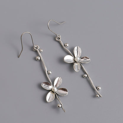 Silver Flower Branch Design with Freshwater Pearl Decoration Pendant Earrings Bohemian Elegant Style Alloy Silver Plated Jewelry Women's Gift