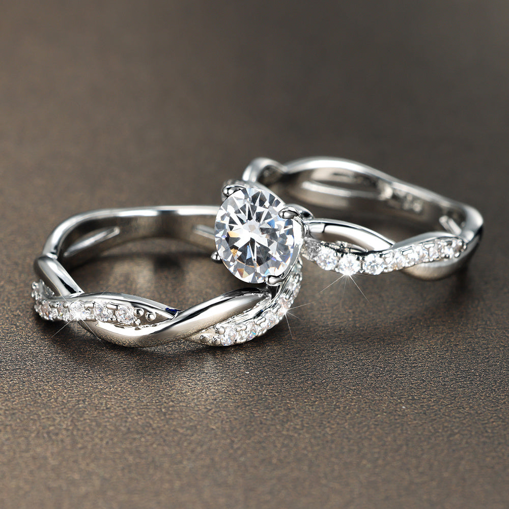 Elegant 2-piece Silver Twisted Ring Set with Round Cut White Zirconia - Perfect for Bridal Engagement, Wedding Rings and Anniversary Gifts, Winter, New Year