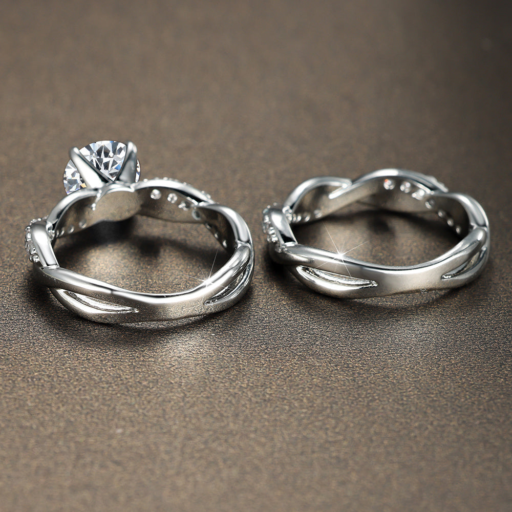Elegant 2-piece Silver Twisted Ring Set with Round Cut White Zirconia - Perfect for Bridal Engagement, Wedding Rings and Anniversary Gifts, Winter, New Year