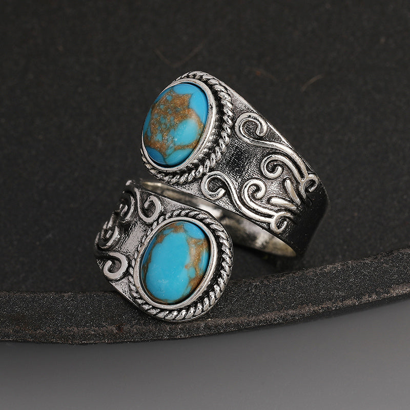Bohemian Adjustable Turquoise Ring - Silver Plated Alloy, Vintage Western Design Ladies