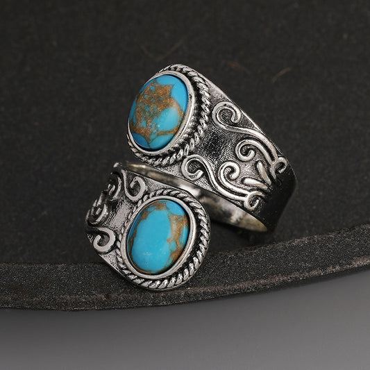 Bohemian Adjustable Turquoise Ring - Silver Plated Alloy, Vintage Western Design Ladies