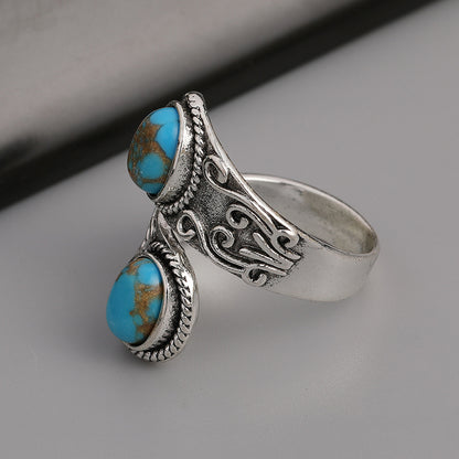 Bohemian Adjustable Turquoise Ring - Silver Plated Alloy, Vintage Western Design Ladies