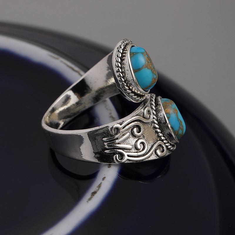 Bohemian Adjustable Turquoise Ring - Silver Plated Alloy, Vintage Western Design Ladies