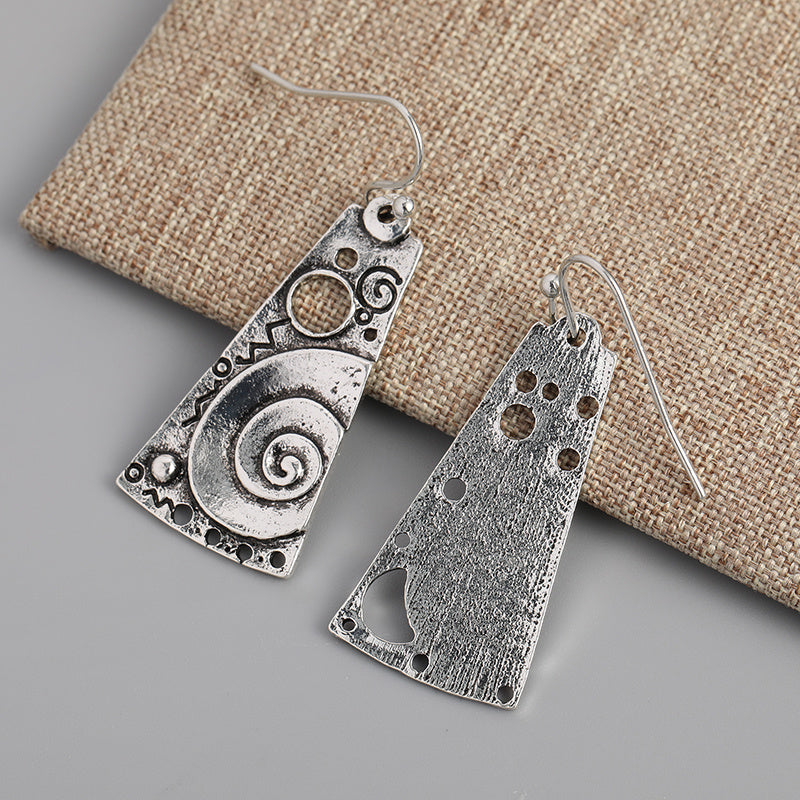 Silver Vintage Geometric Engraved Spiral Pattern Pendant Earrings Elegant Ethnic Style Silver Plated Jewelry Exquisite Women's Gifts