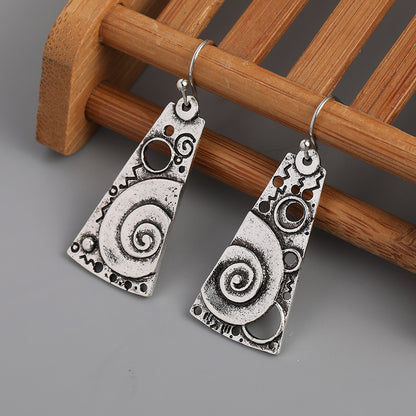 Silver Vintage Geometric Engraved Spiral Pattern Pendant Earrings Elegant Ethnic Style Silver Plated Jewelry Exquisite Women's Gifts