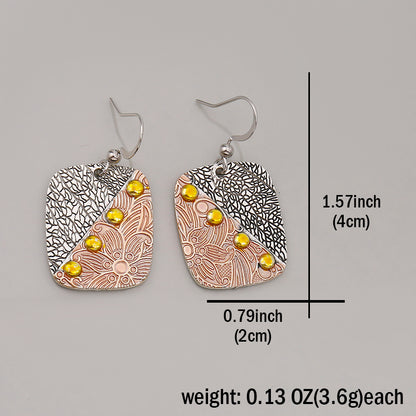 Exquisite Handmade Alloy Silver Plated Jewelry Female Bohemian Ethnic Style Square Geometry Carving Pendant Earrings