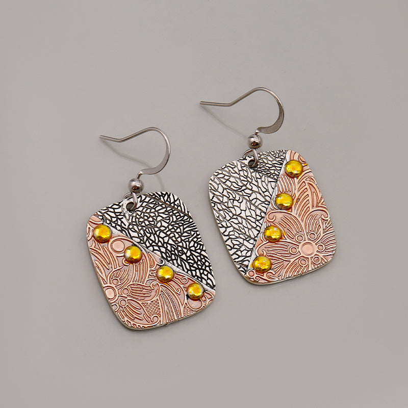 Exquisite Handmade Alloy Silver Plated Jewelry Female Bohemian Ethnic Style Square Geometry Carving Pendant Earrings