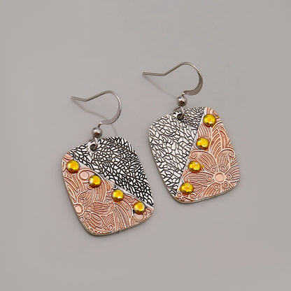 Exquisite Handmade Alloy Silver Plated Jewelry Female Bohemian Ethnic Style Square Geometry Carving Pendant Earrings