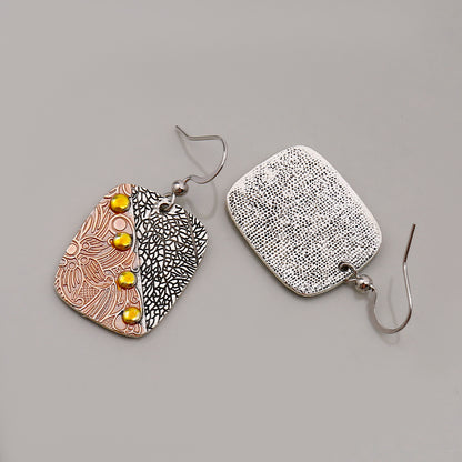 Exquisite Handmade Alloy Silver Plated Jewelry Female Bohemian Ethnic Style Square Geometry Carving Pendant Earrings