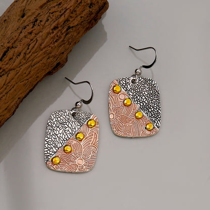 Exquisite Handmade Alloy Silver Plated Jewelry Female Bohemian Ethnic Style Square Geometry Carving Pendant Earrings