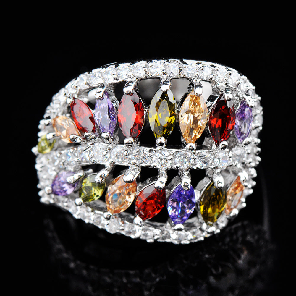 1 eye-cut reddish-purple champagne olive emerald CZ leaf ring, engagement princess ring, multi-colored birthday stone ring, wedding ring, Valentine's Day gift.