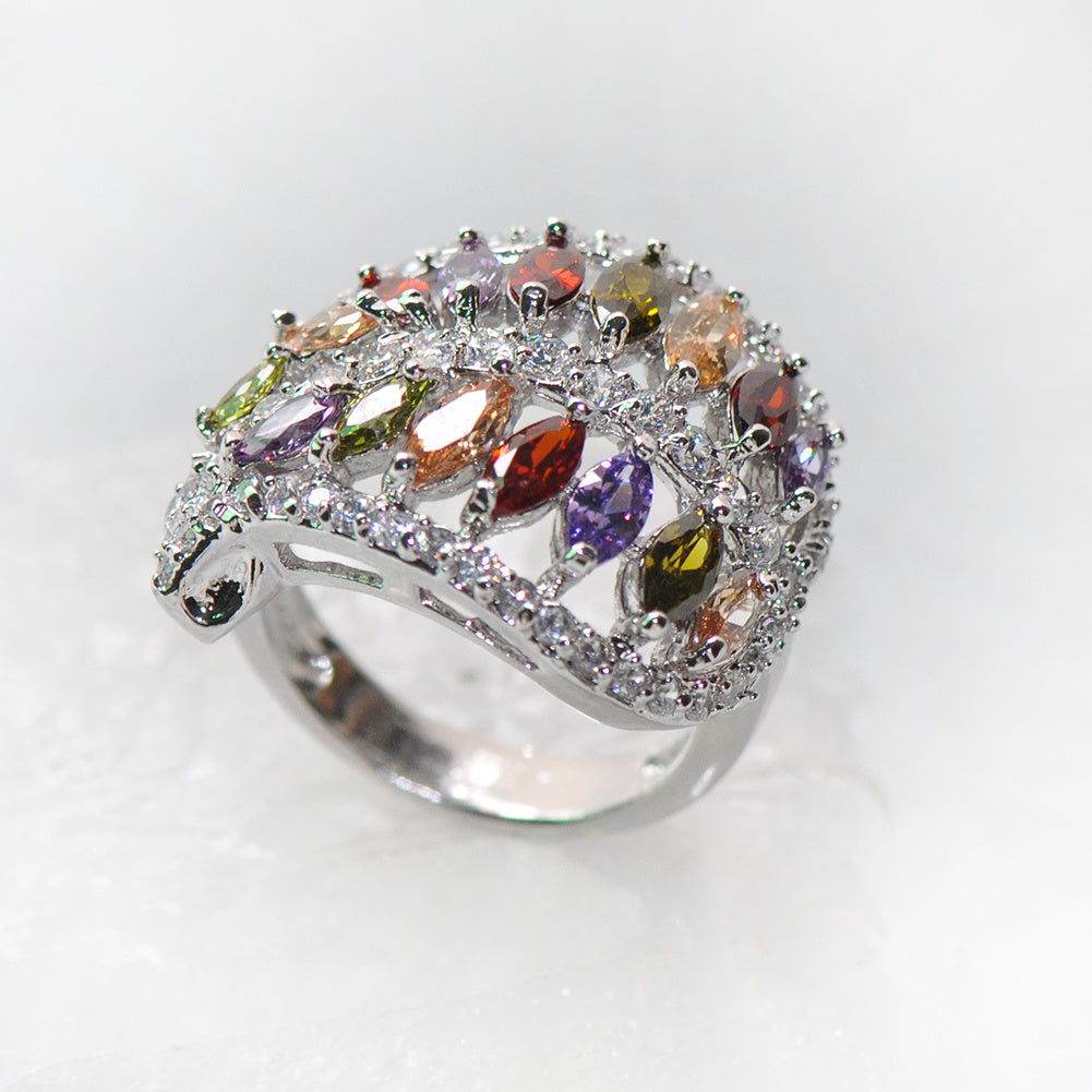 1 eye-cut reddish-purple champagne olive emerald CZ leaf ring, engagement princess ring, multi-colored birthday stone ring, wedding ring, Valentine's Day gift.