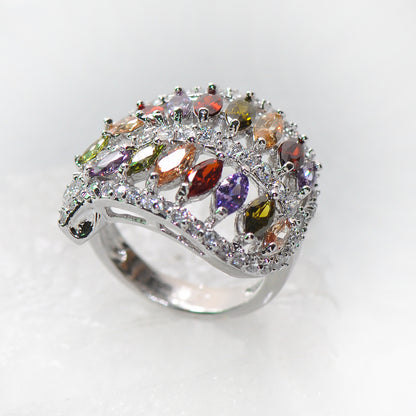 1 eye-cut reddish-purple champagne olive emerald CZ leaf ring, engagement princess ring, multi-colored birthday stone ring, wedding ring, Valentine's Day gift.