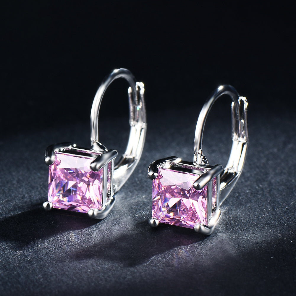 Elegant Princess Cut Zircon Pendant Earrings - Stylish Silver Circle Design, White, Black, Red, Pink, Perfect for Women's Wedding Jewelry, Perfect for Winter and New Year