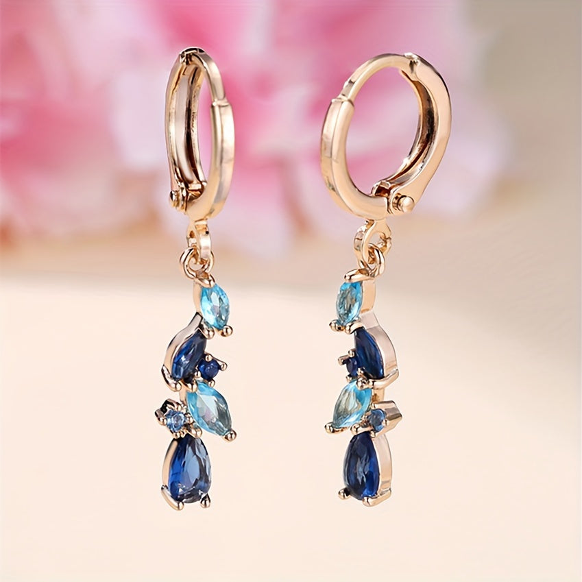 A pair of Women's gold pendant earrings, luxury bluestone leaf drop earrings, wedding jewelry, for pretend play