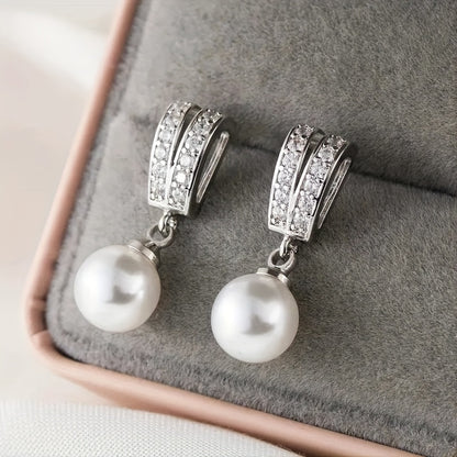Elegant Simple White Pearl Zirconia Earrings Ladies Bride Engagement Wedding Fine Jewelry Gifts
