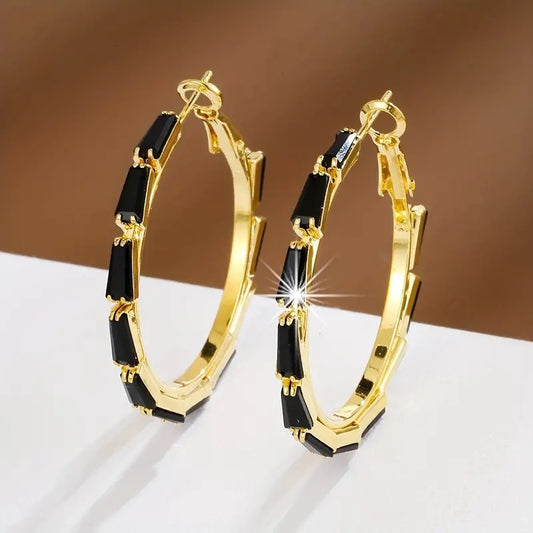 1 Pair Exquisite Hoop Earrings Copper Jewelry Golden Color Full of Black Vintage Elegant Style Unique Statement Female Earrings