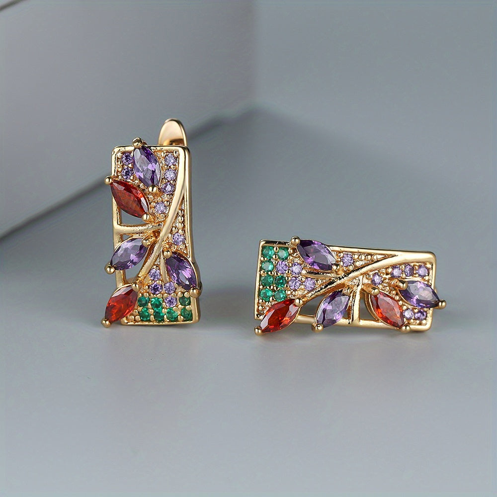A pair of stylish safflower drop earrings, synthetic diamonds, copper needles, luxury wedding jewelry, colorful cubic diamond drop earrings