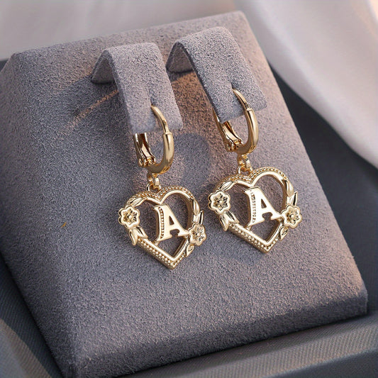 1 pair of gold 26 English alphabet heart-shaped circle earrings rose decorative earrings jewelry wedding reception jewelry valentine's day gift