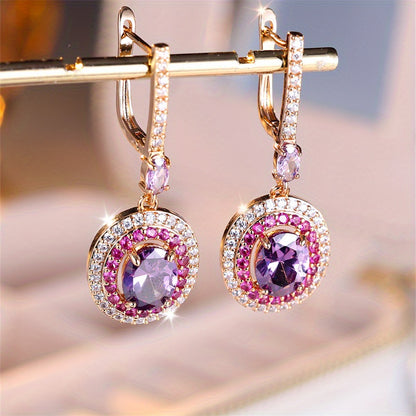 Elegant earrings, sparkling purple halo design, covered with shiny zircon, suitable for daily matching, party accessories, casual date decoration