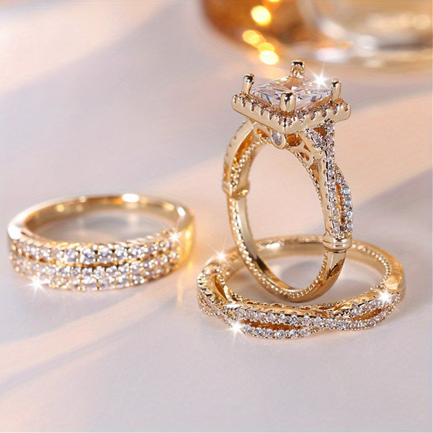 3 Pieces/Set Golden Princess Cut White Stoneclaw Cross Ring Wedding Ring Set Ring Valentine's Day Gift