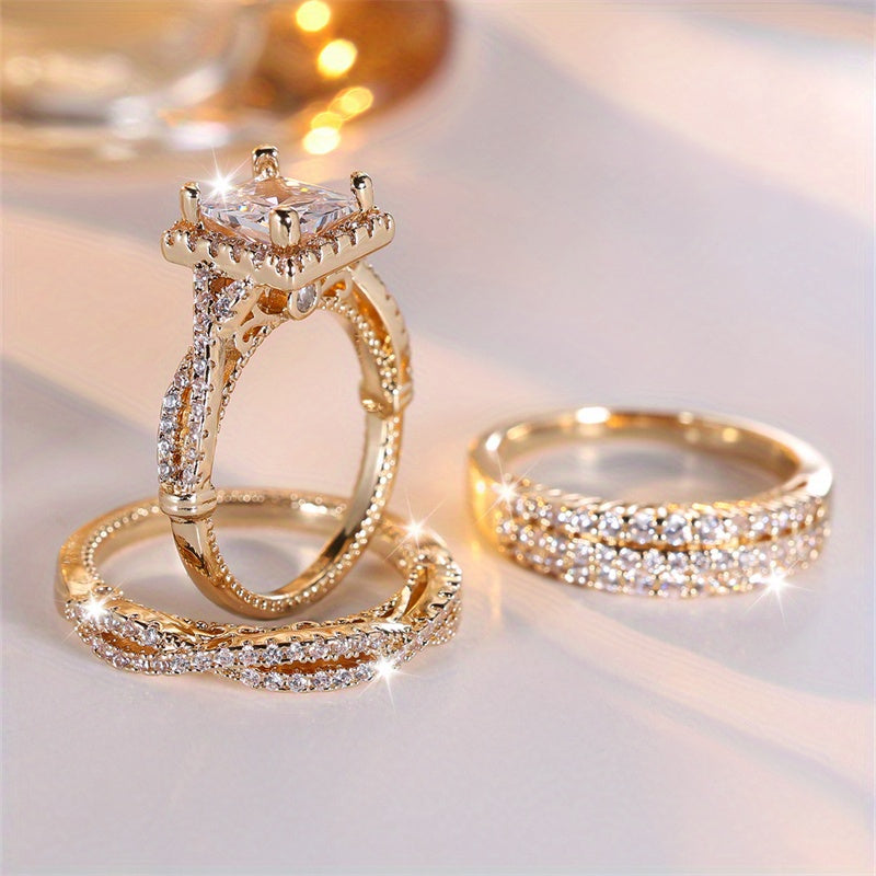 3 Pieces/Set Golden Princess Cut White Stoneclaw Cross Ring Wedding Ring Set Ring Valentine's Day Gift