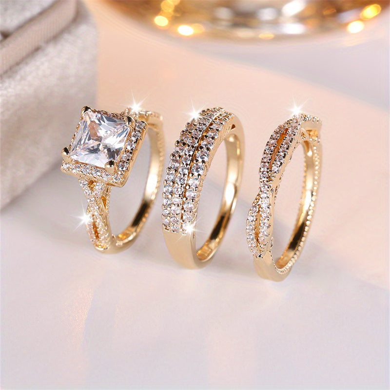 3 Pieces/Set Golden Princess Cut White Stoneclaw Cross Ring Wedding Ring Set Ring Valentine's Day Gift