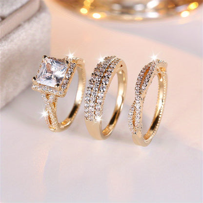 3 Pieces/Set Golden Princess Cut White Stoneclaw Cross Ring Wedding Ring Set Ring Valentine's Day Gift