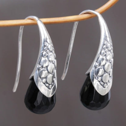 Retro metal hand-carved pattern earrings with black stone hook earrings