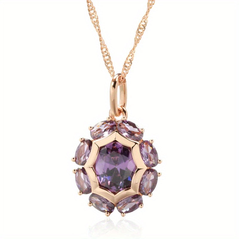 1 Sparkling Oval Purple Stone Pendant Necklace Women's Luxury Gold Party Everyday Jewelry Perfect for Pretend Play, Perfect for Winter, New Year