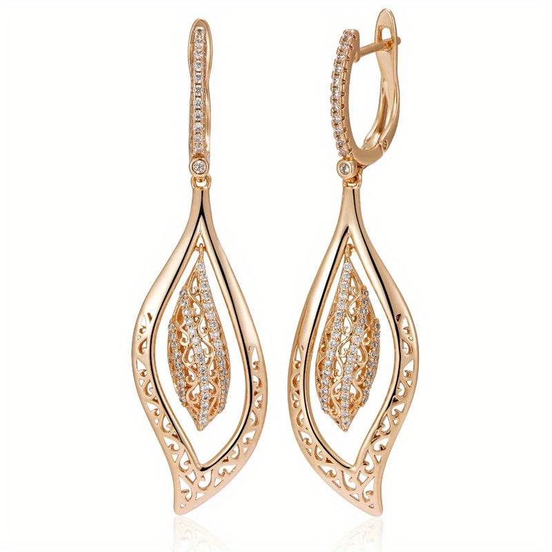 A pair of luxurious gold long leaf pendant earrings, suitable for women, glossy flowers, ethnic style bridal vintage jewelry