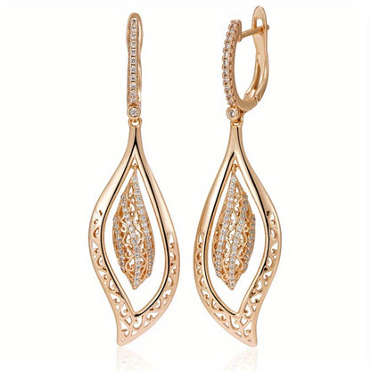 A pair of luxurious gold long leaf pendant earrings, suitable for women, glossy flowers, ethnic style bridal vintage jewelry