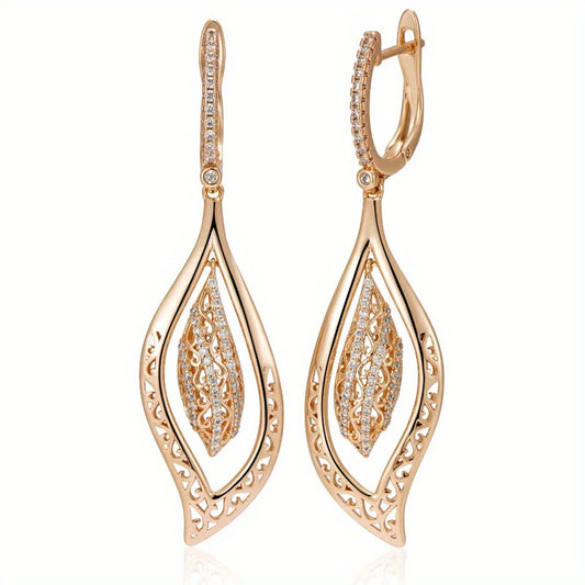 A pair of luxurious gold long leaf pendant earrings, suitable for women, glossy flowers, ethnic style bridal vintage jewelry