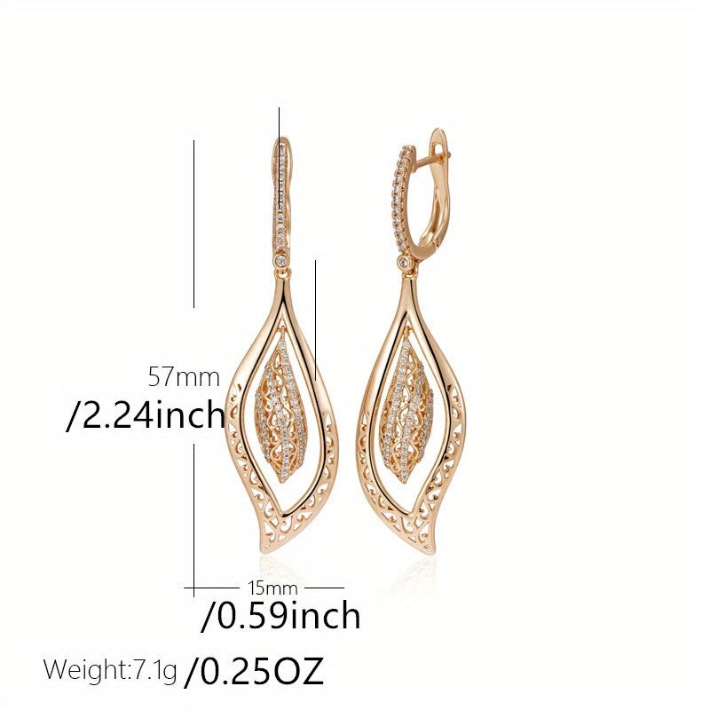 A pair of luxurious gold long leaf pendant earrings, suitable for women, glossy flowers, ethnic style bridal vintage jewelry