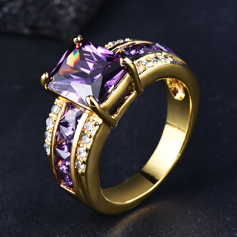 Stylish and exquisite rectangular cut purple stone zirconium ring, gold sand engagement princess love ring, wedding ring, Valentine's Day gift