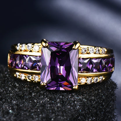 Stylish and exquisite rectangular cut purple stone zirconium ring, gold sand engagement princess love ring, wedding ring, Valentine's Day gift